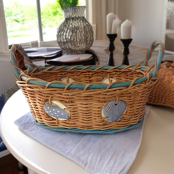 Wicker Basket Ceramic Insets Inlaid Beach Coastal Nautical Handles Bohemian Tan - Picture 13 of 16